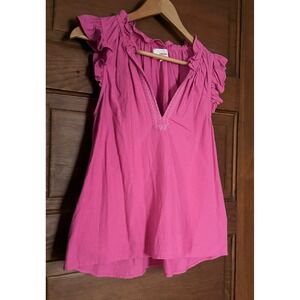 Xirena Pink Cotton Gauze Ruffle Sleeve V-Neck Embroidered Blouse Top XS